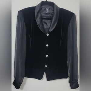 Vintage Women Velvet Button Up Blouse Top Size L Black Sheer Long Sleeve Formal